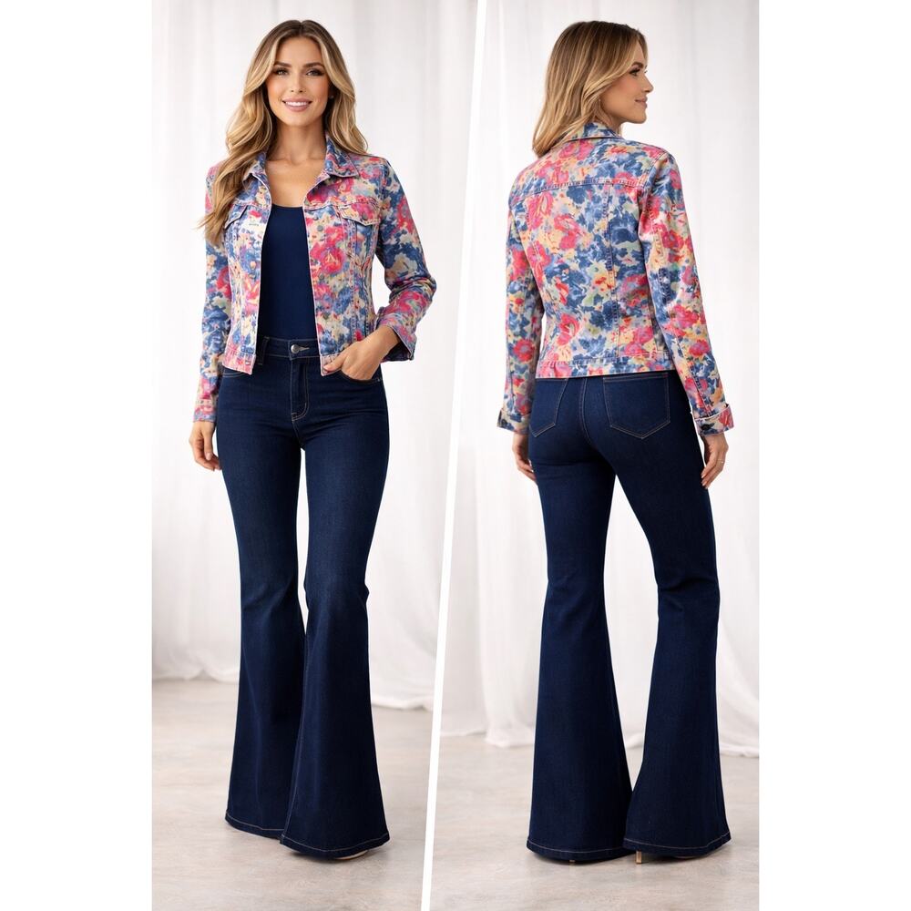 Live a Little Floral Denim Jacket Women Size PL Multicolor Stretch Jean Jacket